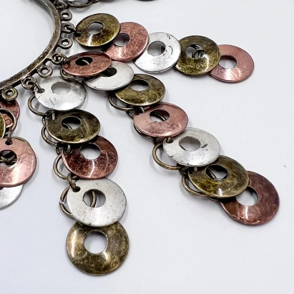 BOHO Vibes Tri-Colored Disk Dangle Brass Tone 14” Chain Choker Necklace - Picture 5 of 8